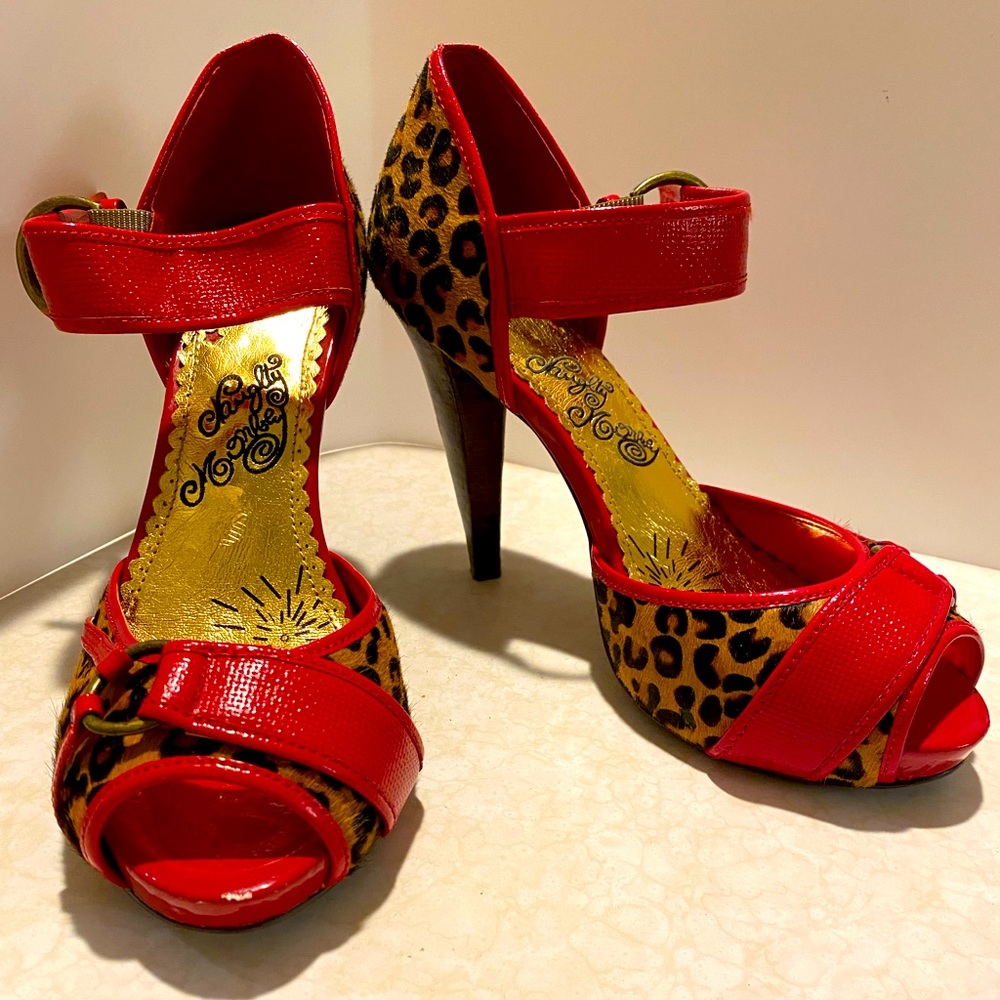 Naughty Monkey, Red and Leopard print ankle strap heels, Lightly Used, Size 8.5